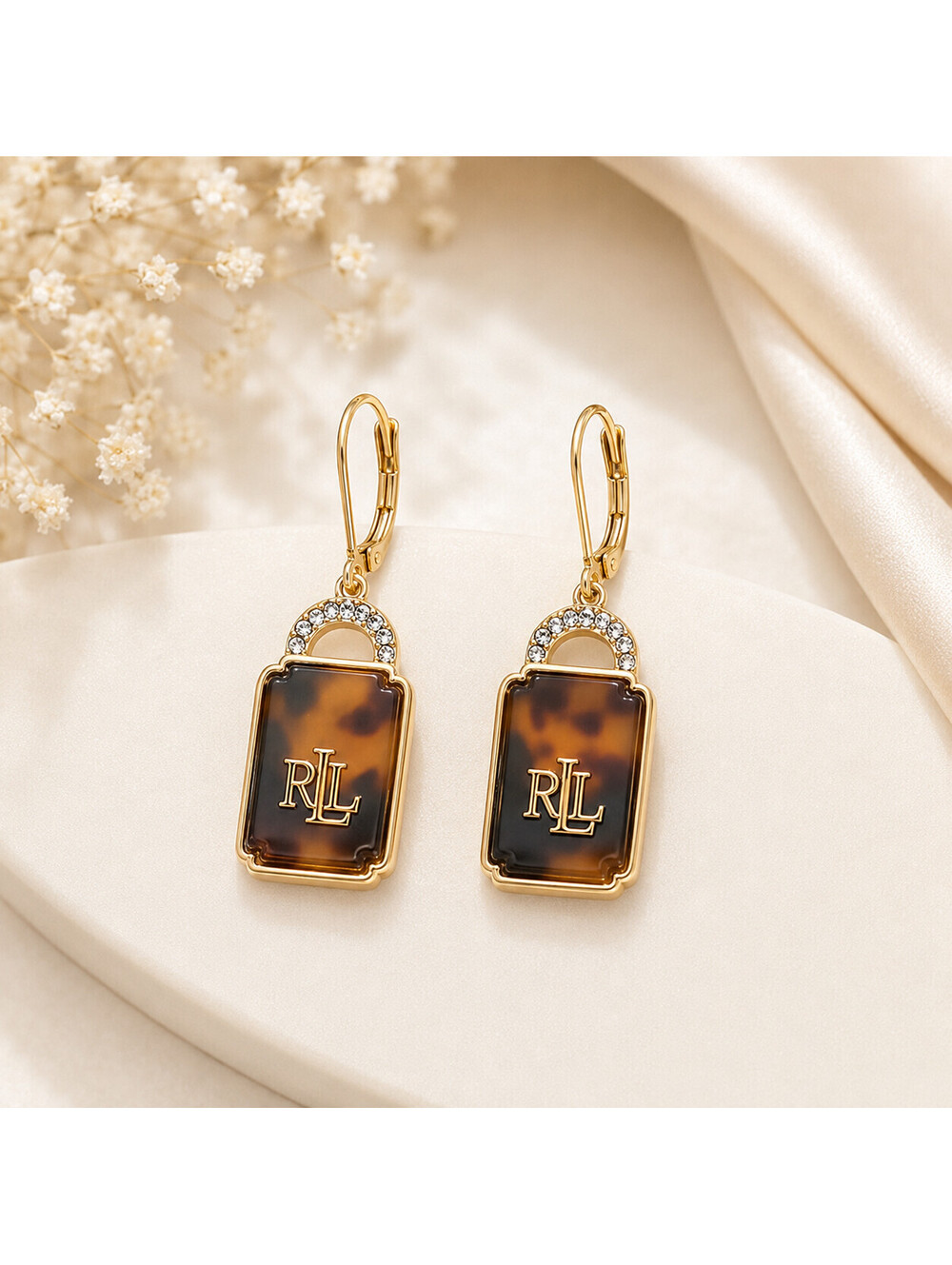 Lauren Ralph Lauren Drop Earrings Gold Tone Tortoise RL Logo New